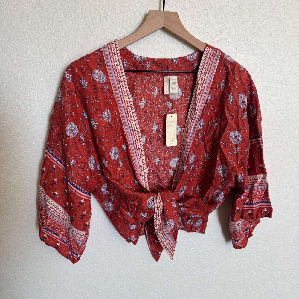 Boho Floral Festival Japna Tie Front Blouse Medium Red